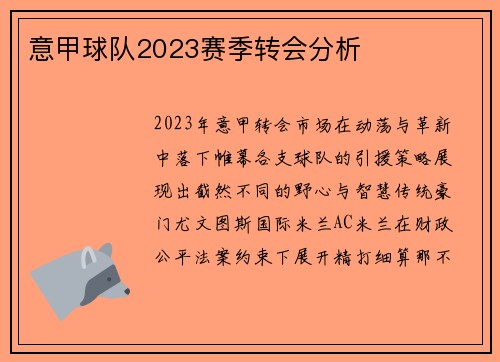 意甲球队2023赛季转会分析